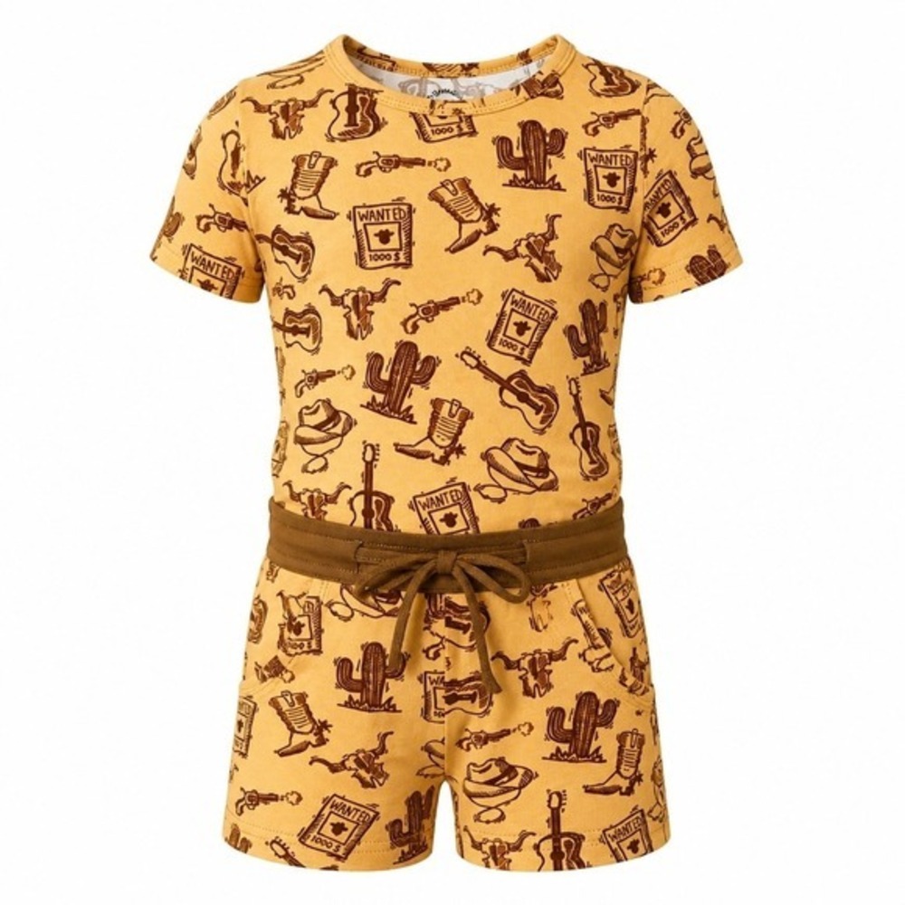 Minikin Mischief Kids 4T Western Cowboy Bamboo Short Pajama Set Mustard Yellow